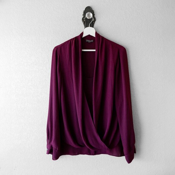 Vince Camuto Burgundy Draped Blouse Size Large – Surplice Front Long Sleeve Top - Picture 1 of 8